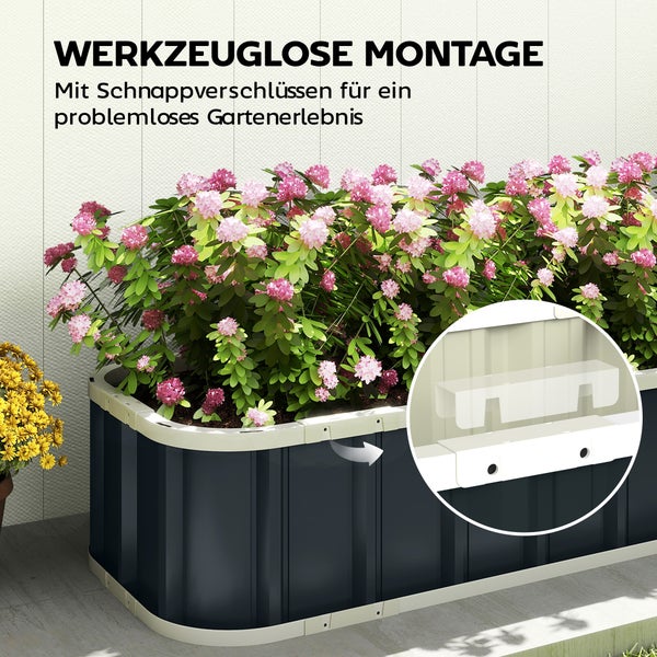 Hochbeet mit Schnappverschlüssen für werkzeuglose Montage, bepflanzt mit rosa Blumen.