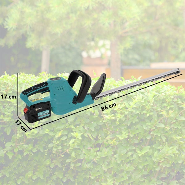 Outsunny Akku Heckenschere mit einer Schnittlänge von 86 Zentimetern und einer Akkuspannung von 18 Volt.