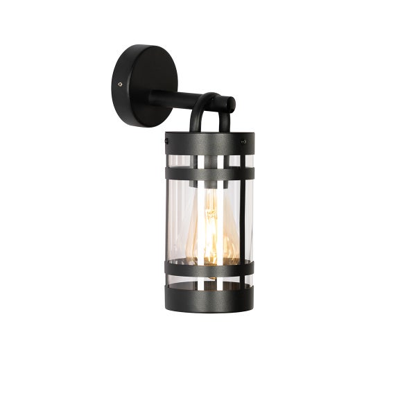 Moderne Außenwandleuchte mit schwarzem Metallgestell, zylindrischem Klarglas und sichtbarem Leuchtmittel.