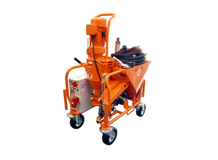 PFT G4 Mischpumpe auf Rollen, orangefarbene Baumaschine mit Elektromotor und Schlauch.