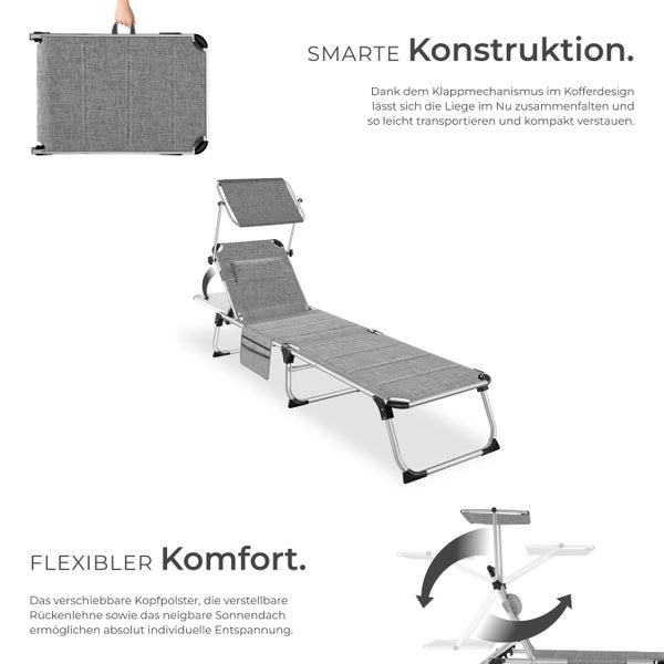 Sonnenliege tectake Lorella 220 x 60,5 x 34 cm, mit Seitentasche  gepolstert, klappbar grau-meliert