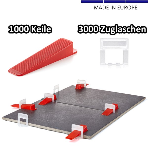 BigDean 3000 Laschen 1,5mm & 1000 Keile - Fliesen Nivelliersystem - Frei wählbar - Riesen Auswahl an Fliesenkeilen & Zuglaschen - Verlegehilfe Fliesenleger Set - Made in Europe