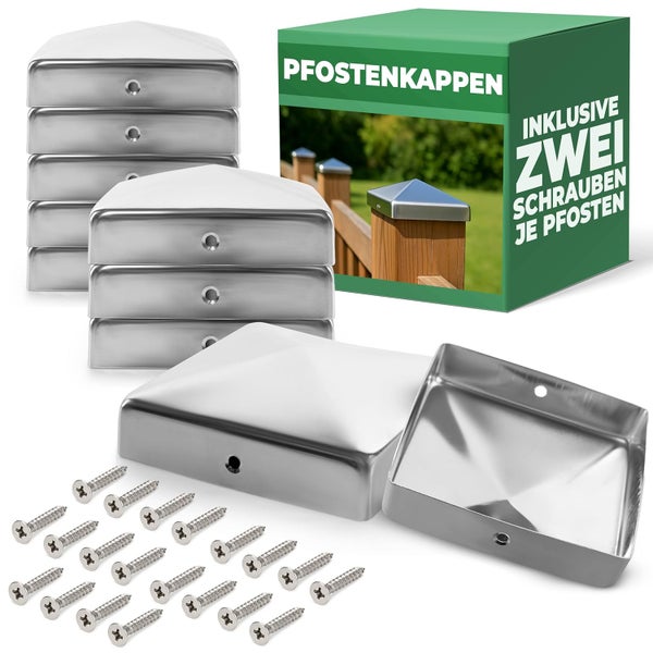 Pfostenkappen aus Edelstahl in Pyramidenform für quadratische Zaunpfosten inklusive Befestigungsschrauben.