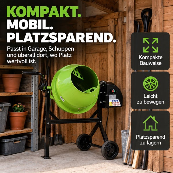 Kompakter Betonmischer für den Heimgebrauch zur platzsparenden Lagerung in der Garage oder im Schuppen.