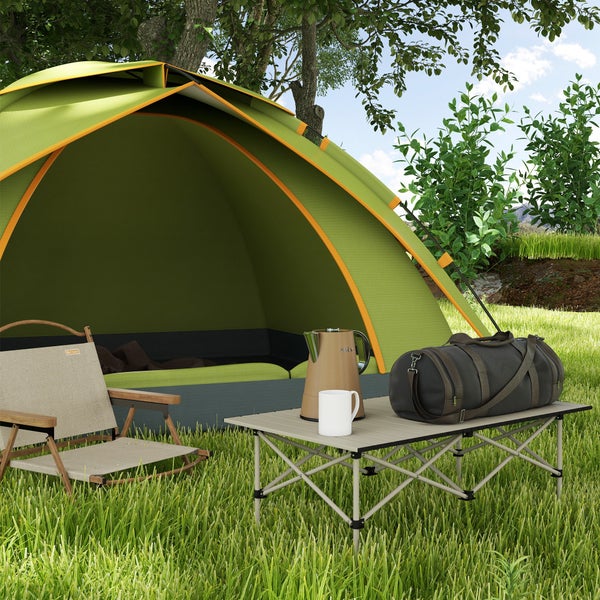 Outsunny Campingtisch Klapptisch mit Aufrollbare Tischplatte X-Rahmen Gartentisch aus Aluminium leicht 2 Personen Beistelltisch Falttisch für Garten Balkon Camping 95 x 55cm Khaki