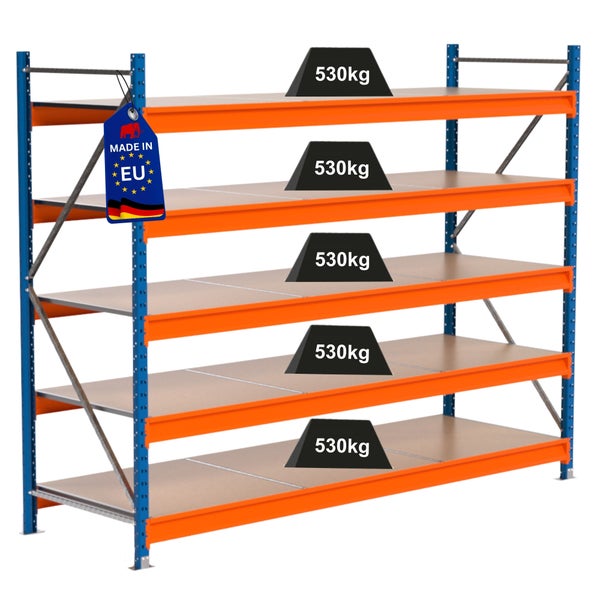 Regal mit fünf Ebenen und einer Traglast von 530 kg pro Ebene, Hergestellt in der EU