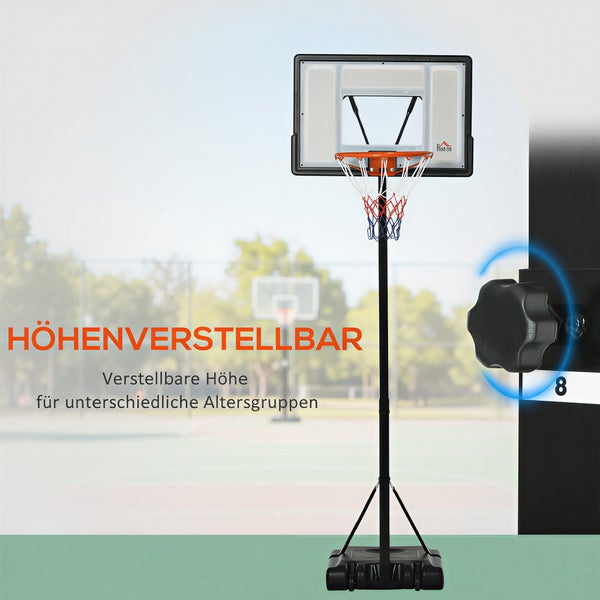 Höhenverstellbarer Basketballständer mit Homcom Logo, Backboard und stabilem Standfuß für verschiedene Altersgruppen.