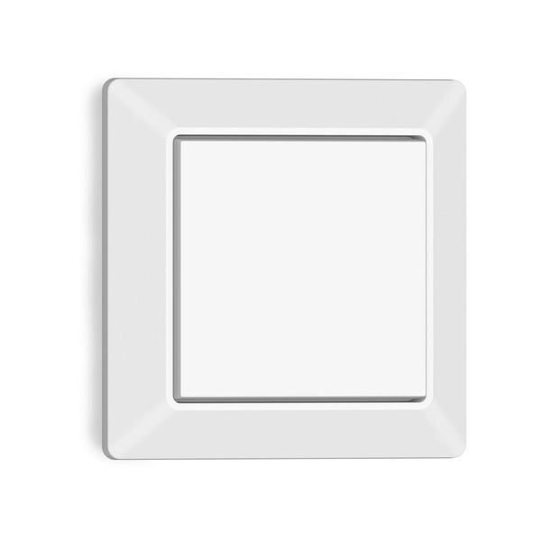 Lichtschalter Wippschalter aus Kunststoff mit Rahmen in Weiß.