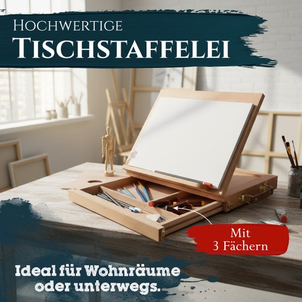 Tischstaffelei aus Holz mit drei Fächern und integriertem Malkoffer für den Einsatz in Wohnräumen oder unterwegs.