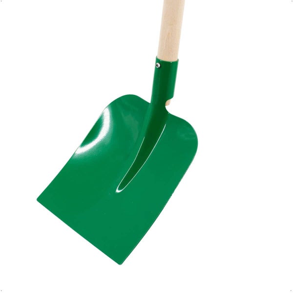 Schaufel mit grünem Metallblatt und einem Stiel aus Holz.