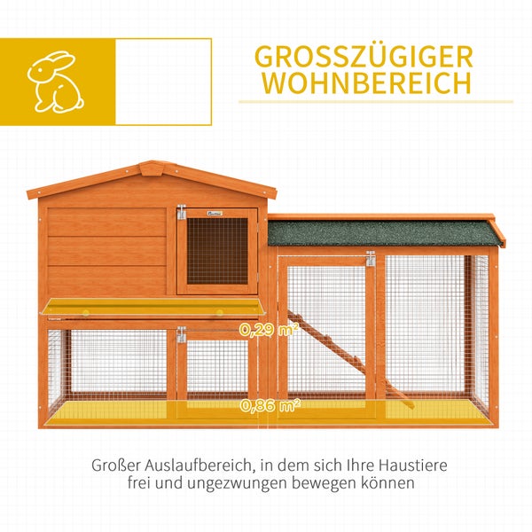 PawHut Hasenstall 2 Ebenen Kaninchenstall aus Tannenholz Winterfest Doppelstockhaus mit Freilaufgehege Wanne Rampe 150x45x85 cm Kaninchenkäfig Outdoor Kleintierstall für Hasen Meerschweinchen Orange