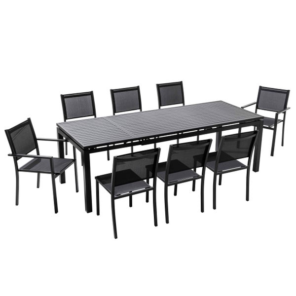 Gartenmöbel-Set bestehend aus einem rechteckigen Tisch und acht Stühlen aus Metall mit schwarzer Netzbespannung.
