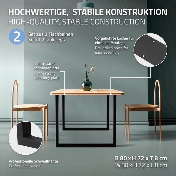 ECD Germany 2x Tischbeine aus Vierkantprofilen, 80 x 72 cm, Schwarz, pulverbeschichtete Stahl, Industriedesign, Metall Tischkufen Tischuntergestell Tischgestell Möbelfüße, für Esstisch Schreibtisch