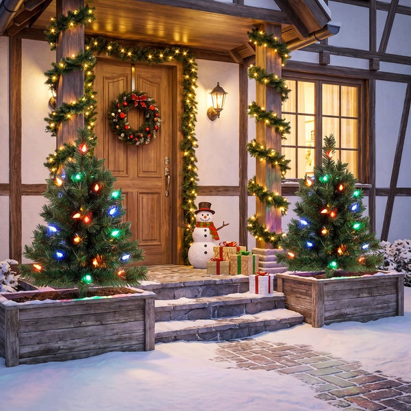 Kind und Frau betrachten einen kleinen künstlichen Weihnachtsbaum mit 60 LED Lichter im Außenbereich mit Schnee.