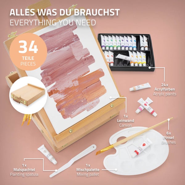 ECD Germany 34tlg. Acryl Malset mit Staffelei, Acrylfarben Set mit Kofferstaffelei, 24 Acrylfarbe, Keilrahmen, Leinwand, Pinsel und Malzubehör, Tischstaffelei, Holz Malkoffer, für Künstler & Anfänger