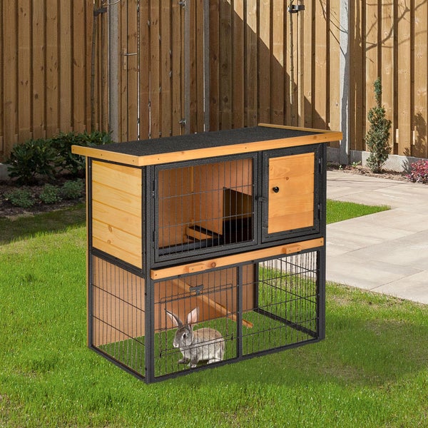 PawHut Hasenstall 2 Ebenen Kaninchenstall aus Vollholz Doppelstockhaus mit verschließbarer Tür 89,5 x 45 x 81 cm Kaninchenkäfig Kleintierstall für Hasen Kaninchen Hasenkäfig für Outdoor Hellgelb