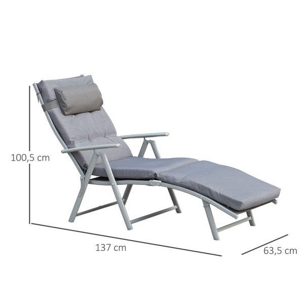 Outsunny Sonnenliege, Strandliege, klappbar, verstellbar, mit Kissen, 137 x 63,5 x 100,5 cm, Metall, Stoff, Grau