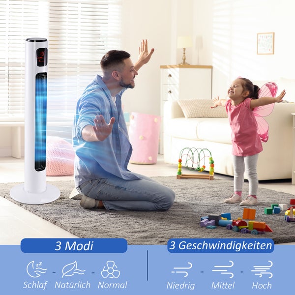 HOMCOM Turmventilator 70° oszillierender Standventilator mit fernbedienung 96 cm Säulenventilator 45 W 3 Modi ABS-Kunststoff Weiß+Schwarz