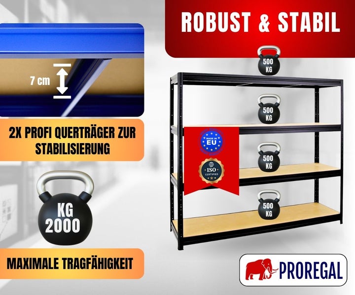 Schwerlastregal mit 2000 Kilogramm Traglast, 500 Kilogramm pro Boden. Zwei Querträger mit 7 Zentimeter Höhe. ISO zertifiziert. Proregal Logo.