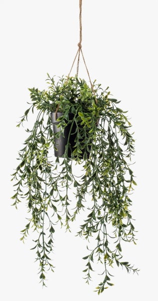 Künstliche Hängepflanze mit grünen Blättern im schwarzen Topf und Aufhängung aus Jute.