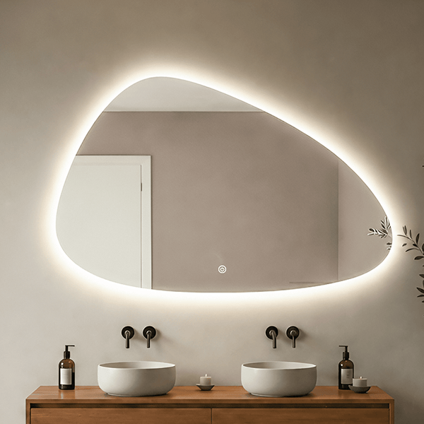 Organisch geformter Wandspiegel mit LED Beleuchtung und Touch Sensor über einem Badezimmerschrank mit zwei Aufsatzwaschbecken.