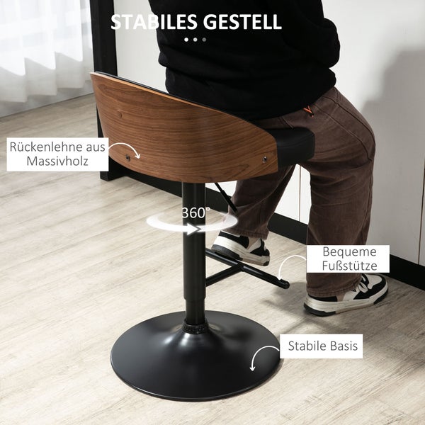 HOMCOM 2er-Set Barhocker mit Fußstütze drehbare Barstühle Barstuhl höhenverstellbar Drehstühle Küchenstühle Kunstleder Holz Schwarz+Kaffee 48 x 49,5 x 76-96 cm