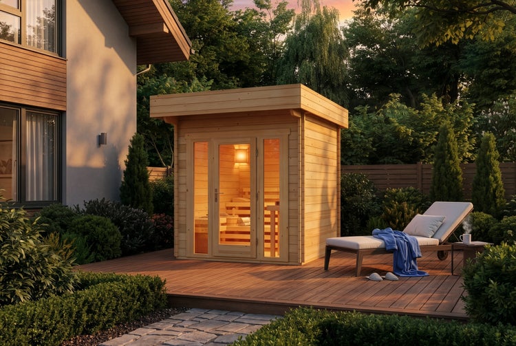 Moderne Außensauna aus Holz auf einer Holzterrasse im Garten, neben einem Liegestuhl und einem Wohnhaus.