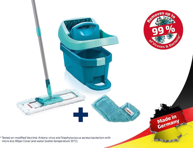 Leifheit Set Wischtuchpresse Profi XL mit Bodenwischer 146cm und Rollen, 1x Mikrofaser Bezug für alle glatten Böden & 1x elektrostatisches Staubtuch, Putzen ohne Bücken wie handgewrungen, Click-System
