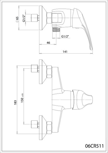 Technische Zeichnung einer Armatur mit Maßen.