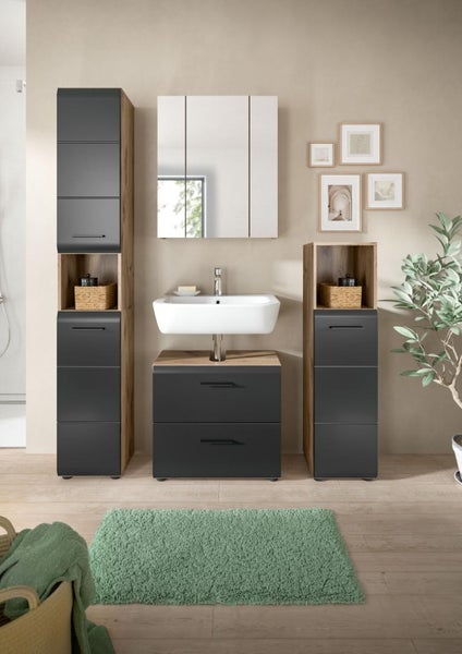 Modernes Badezimmer-Set mit Hochschrank, Waschbeckenunterschrank, Aufsatzwaschbecken, Spiegelschrank und Midischrank in Anthrazit und Holzoptik.