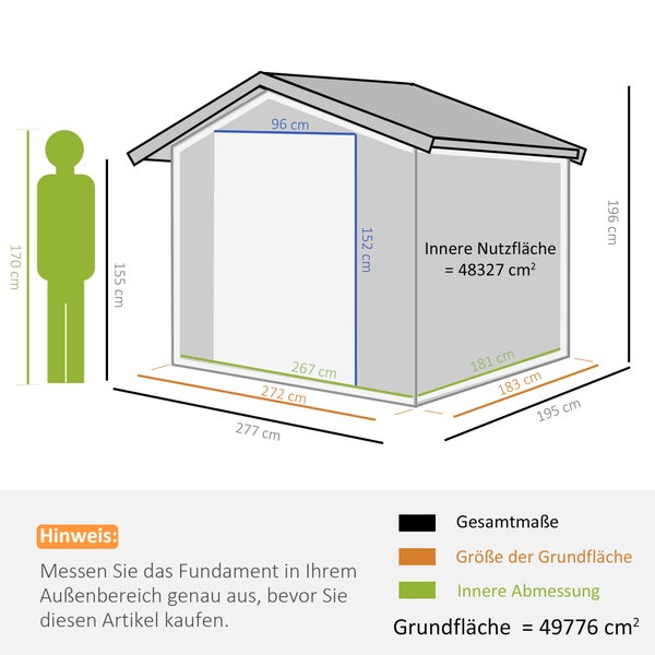 Outsunny Gerätehaus mit Fundament, Gartenhaus, 277 x 195 x 192 cm, Metall, Grau