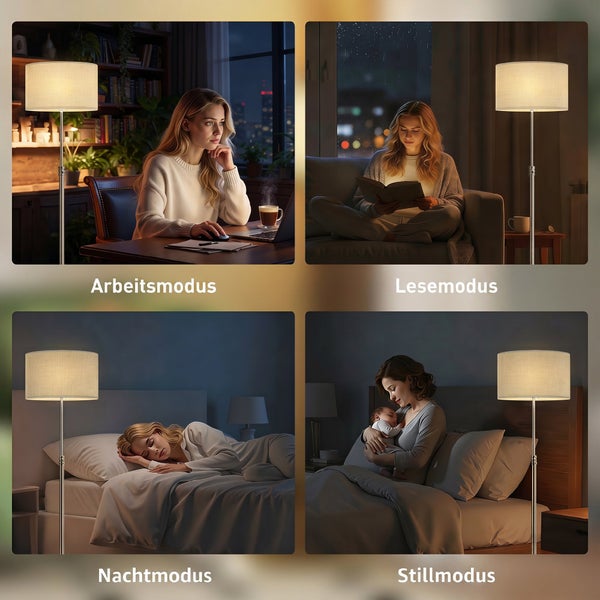 Vier Anwendungsbeispiele einer Stehlampe mit Stoffschirm im Arbeits-, Lese-, Nacht- und Stillmodus für verschiedene Beleuchtungsszenarien.