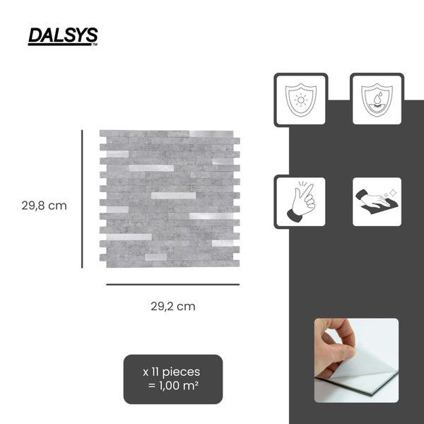Dalsys Logo. Selbstklebende Wandfliese in Steinoptik, 29,8 mal 29,2 Zentimeter. UV-beständig, wasserresistent, einfache Montage und Reinigung. 11 Stück.