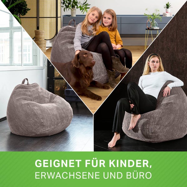 Green Bean Indoor Sitzsack 90x110cm EPS-Perlen Füllung & Cordstoff Kuschelig Weich Waschbar - Drinnen Bodenkissen Liegekissen Sitzkissen Sitzhocker Relax-Sessel Kinder Erwachsene Stoff Grau