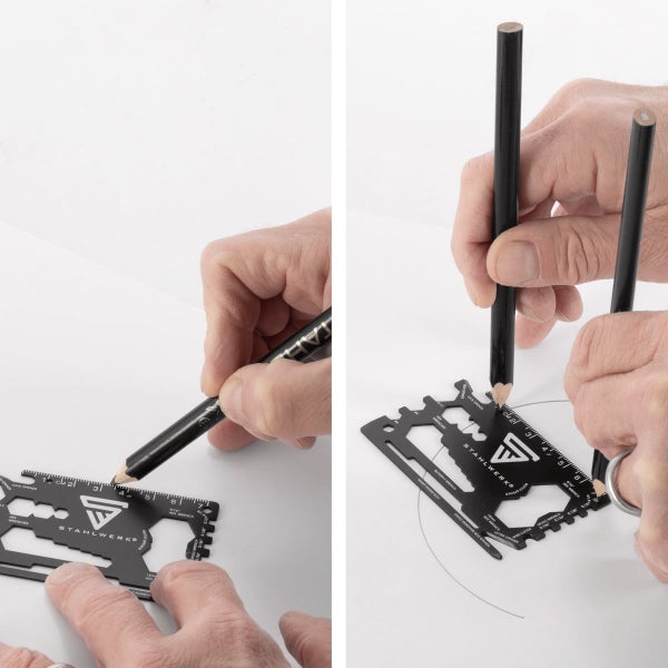 Schwarze Stahlwerk Multitool-Karte aus Metall mit Stahlwerk Logo, Lineal, Sechskantschlüssel und Flaschenöffner, einzeln und in Anwendung gezeigt.