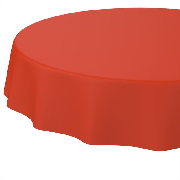 Runde rote Tischdecke aus glattem Textilgewebe.