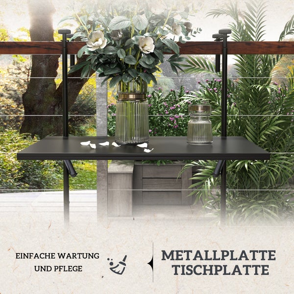 Outsunny Balkontisch zum Einhängen, klappbar Hängetisch, 3-fach höhenverstellbar, bis 15 kg belastbar, 62 x 60 cm, Metall, Schwarz