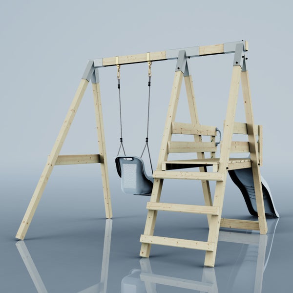 Spielturm aus Holz mit Schaukel, Leiter, Podest und Rutsche.