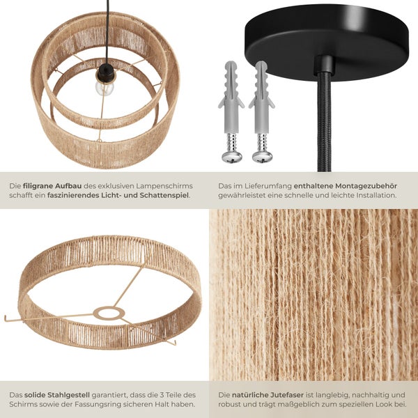 Details einer Pendelleuchte mit dreistufigem Lampenschirm aus Jute, inklusive Montagematerial, Stahlgestell und Detailaufnahme der Naturfasertextur.