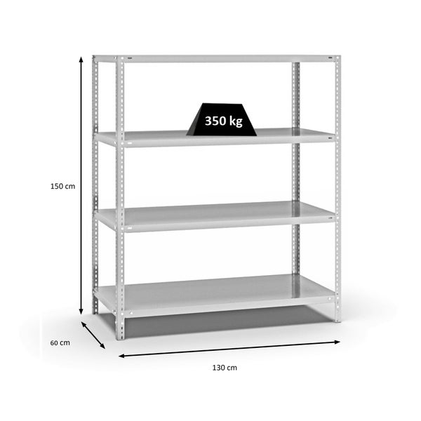 PROREGAL Fachbodenregal Schraubsystem Heavy-Duty Grundregal HxBxT 150 x 130 x 60 cm 4 Ebenen Fachlast 350 kg Beidseitig Nutzbar Lichtgrau