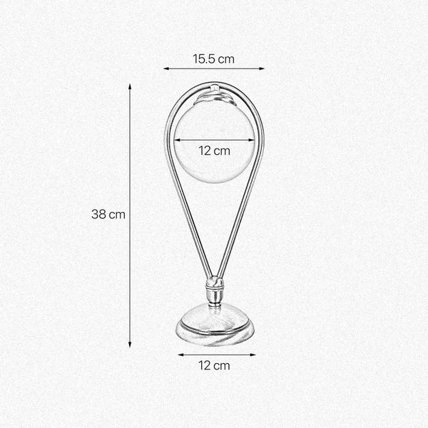 Zeichnung einer Dekoleuchte mit den Maßen 38 cm Höhe, 15,5 cm Breite und 12 cm Durchmesser