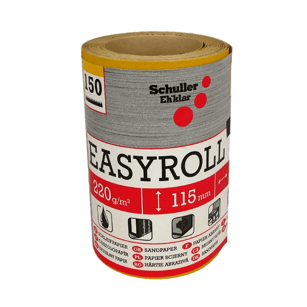Schuller Ehklar Easyroll Schleifpapier mit einer Körnung von 150, einer Dichte von 220 Gramm pro Quadratmeter und einer Breite von 115 Millimetern