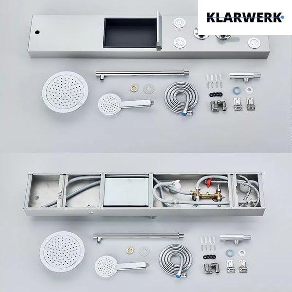 Aufbau einer Duscharmatur mit Kopfbrause, Handbrause, Brauseschlauch und Montagezubehör