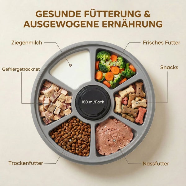 Runder Futterautomat mit sechs Fächern für Milch, Frischfutter, Snacks, Nassfutter, Trockenfutter und Gefriergetrocknetes. 180 Milliliter pro Fach.