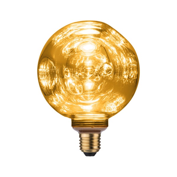 Dekorative LED-Globelampe mit E27-Sockel und bernsteinfarbenem, strukturiertem Glas.