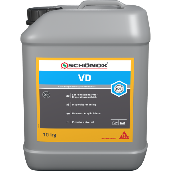 Schönox VD Universal-Acryl-Grundierung, 10 Kilogramm, sehr emissionsarmer Dispersionsvorstrich, EC1 PLUS zertifiziert, Sika Logo.