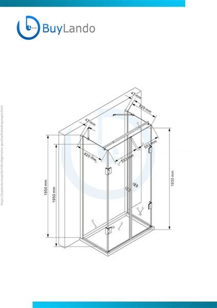 Technische Zeichnung einer Duschkabine mit Maßangaben