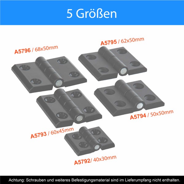 Fünf verschiedene Größen von Metallscharnieren für Türen und Möbel im Überblick mit Produktnummern und Maßen.