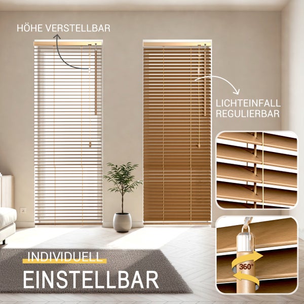 Zwei Holzjalousien mit verstellbarer Höhe und regulierbarem Lichteinfall in einem Wohnraum, inklusive Detailansichten der Lamellen und Bedienung.