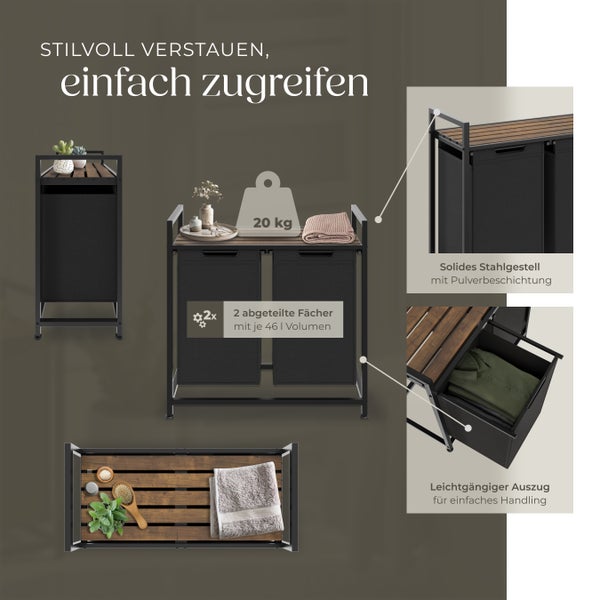 Wäschesortierer tectake  höhenverstellbare Kunststofffüße Industrial-Style, 2 oder 3 ausziehbare Fächer schwarz/braun